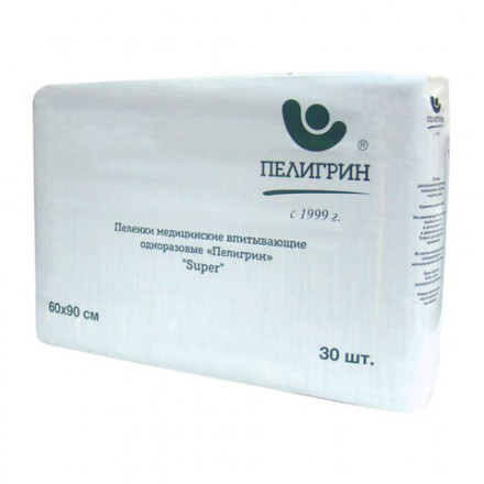 Пеленки 60х90 см, ПЕЛИГРИН &quot;Super&quot;, КОМПЛЕКТ 30 шт., впитывающие, одноразовые, М60х90/30S