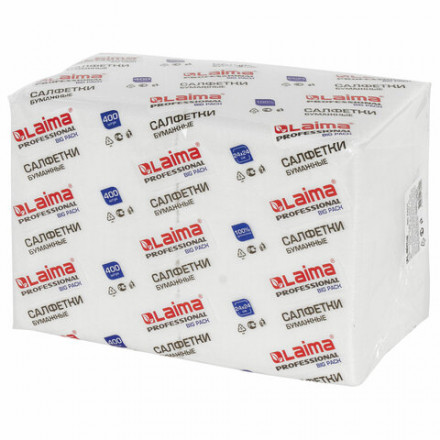 Салфетки бумажные 400 шт., 24х24 см, LAIMA, &quot;Big Pack&quot;, белые, 100% целлюлоза, 111792