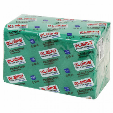 Салфетки бумажные 400 шт., 24х24 см, LAIMA, &quot;Big Pack&quot;, зеленые (интенсив), 100% целлюлоза, 111796