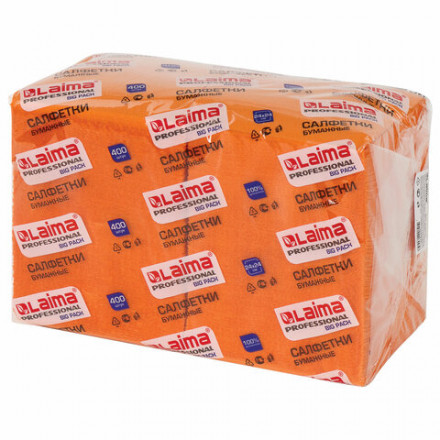 Салфетки бумажные 400 шт., 24х24 см, LAIMA, &quot;Big Pack&quot;, оранжевые (интенсив), 100% целлюлоза, 111797