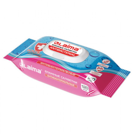 Салфетки влажные 120 шт., АНТИБАКТЕРИАЛЬНЫЕ, с пластиковым клапаном, LAIMA &quot;Antibacterial&quot;, 112497
