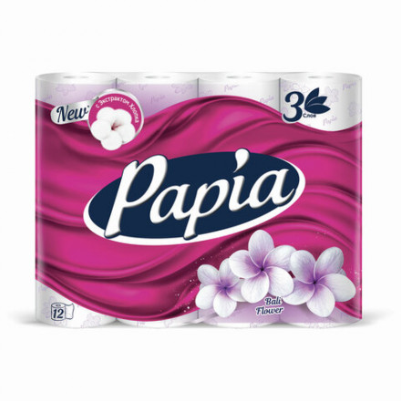 Бумага туалетная бытовая, спайка 12 шт., 3-слойная (12х16,8 м), PAPIA, Балийский цветок, 5080739