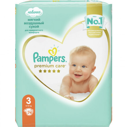 Подгузники КОМПЛЕКТ 74 шт. PAMPERS (Памперс) &quot;Premium Care&quot;, размер 3 (6-10 кг), 8001090604644