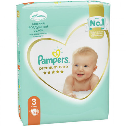 Подгузники КОМПЛЕКТ 74 шт. PAMPERS (Памперс) &quot;Premium Care&quot;, размер 3 (6-10 кг), 8001090604644