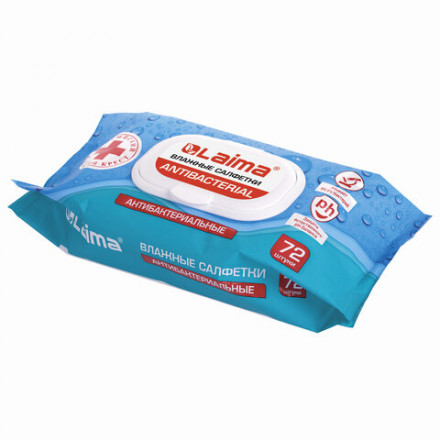 Салфетки влажные 72 шт., АНТИБАКТЕРИАЛЬНЫЕ с пластиковым клапаном, LAIMA &quot;Antibacterial&quot;, 129997