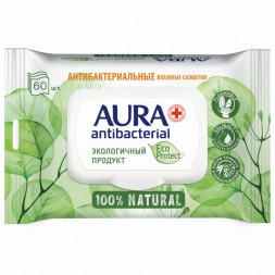 Салфетки влажные антибактериальные 60 шт., AURA Antibacterial &quot;ECO Protect&quot;, клапан крышка, 10509