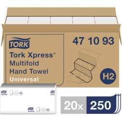 Полотенца бумажные, 250 листов, TORK Multifold (H2) Universal, 1-слойные, КОМПЛЕКТ 20 пачек, 23,4x21,3см, 471093