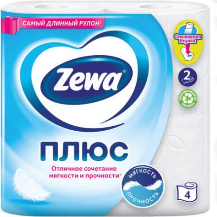 Бумага туалетная 2-х слойная, 4 рулона (4х23 м), белая, ZEWA Plus, 144051