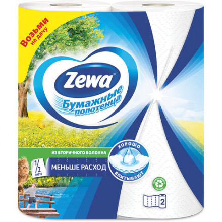 Полотенца бумажные бытовые 2-х слойные, 2 рулона (2х14 м), белые, ZEWA, 144001