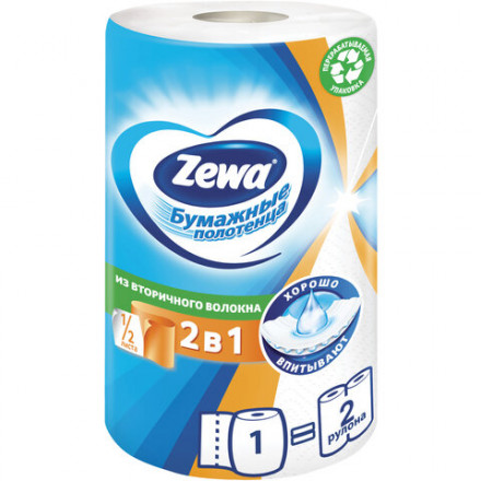 Полотенце бумажное бытовое 2-х слойное, 1 рулон (1х30 м), белое, ZEWA &quot;2 в 1&quot;, 144111