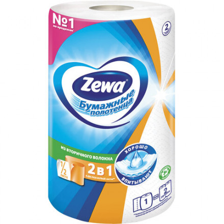 Полотенце бумажное бытовое 2-х слойное, 1 рулон (1х30 м), белое, ZEWA &quot;2 в 1&quot;, 144111